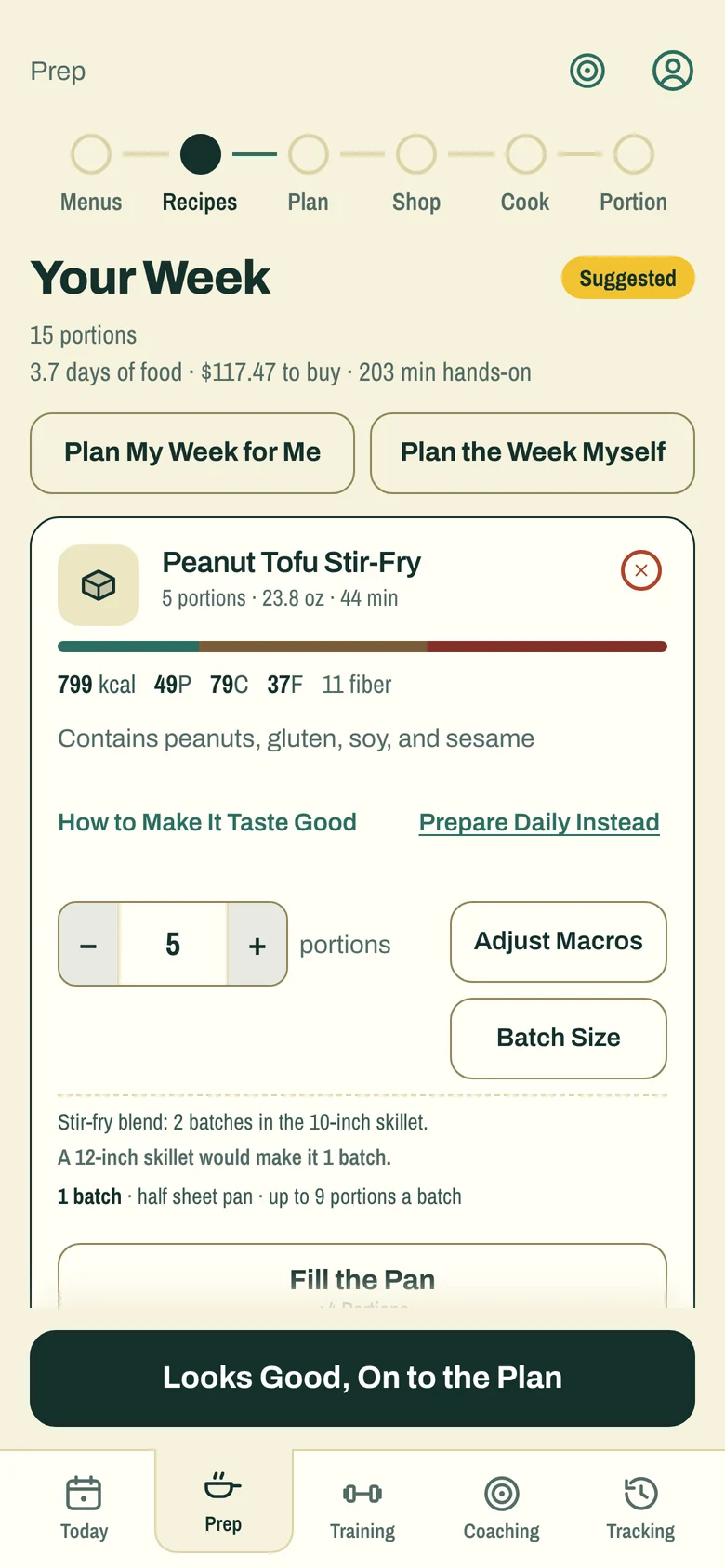 The Plan screen: Peanut Tofu Stir-Fry at 5 portions, 799 kcal and 49 g protein each, with buttons to adjust macros and batch size